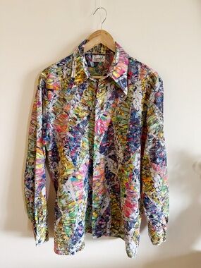 Vintage 70s Dagger Collar, Abstract Print Button-Down Shirt